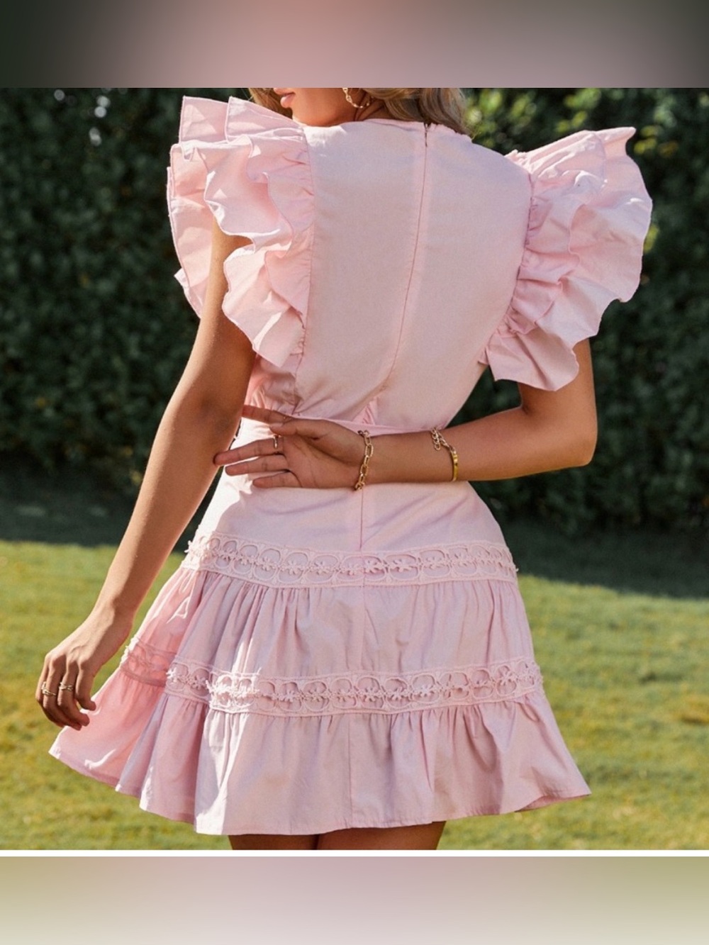 Pink Lace Detail Mini Dress Flutter Sleeve Cottagecore Barbiecore Size Small - Picture 2 of 6